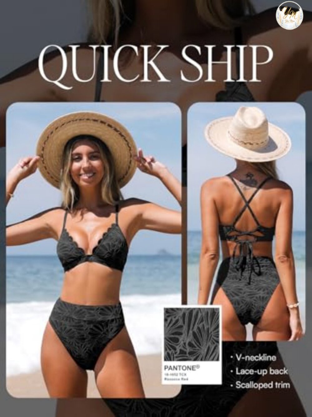 Women's High Waisted Bikini Set Scalloped V-Neck Textured Two Piece Swimwear - Picture 2 of 6